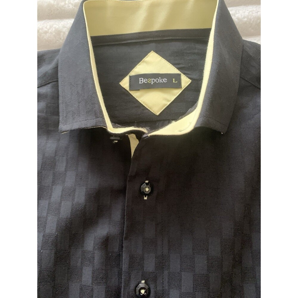 Bespoke Mens Dress Shirt L 34/35 Black Check Yellow Trim Regular Fit Long Sleeve